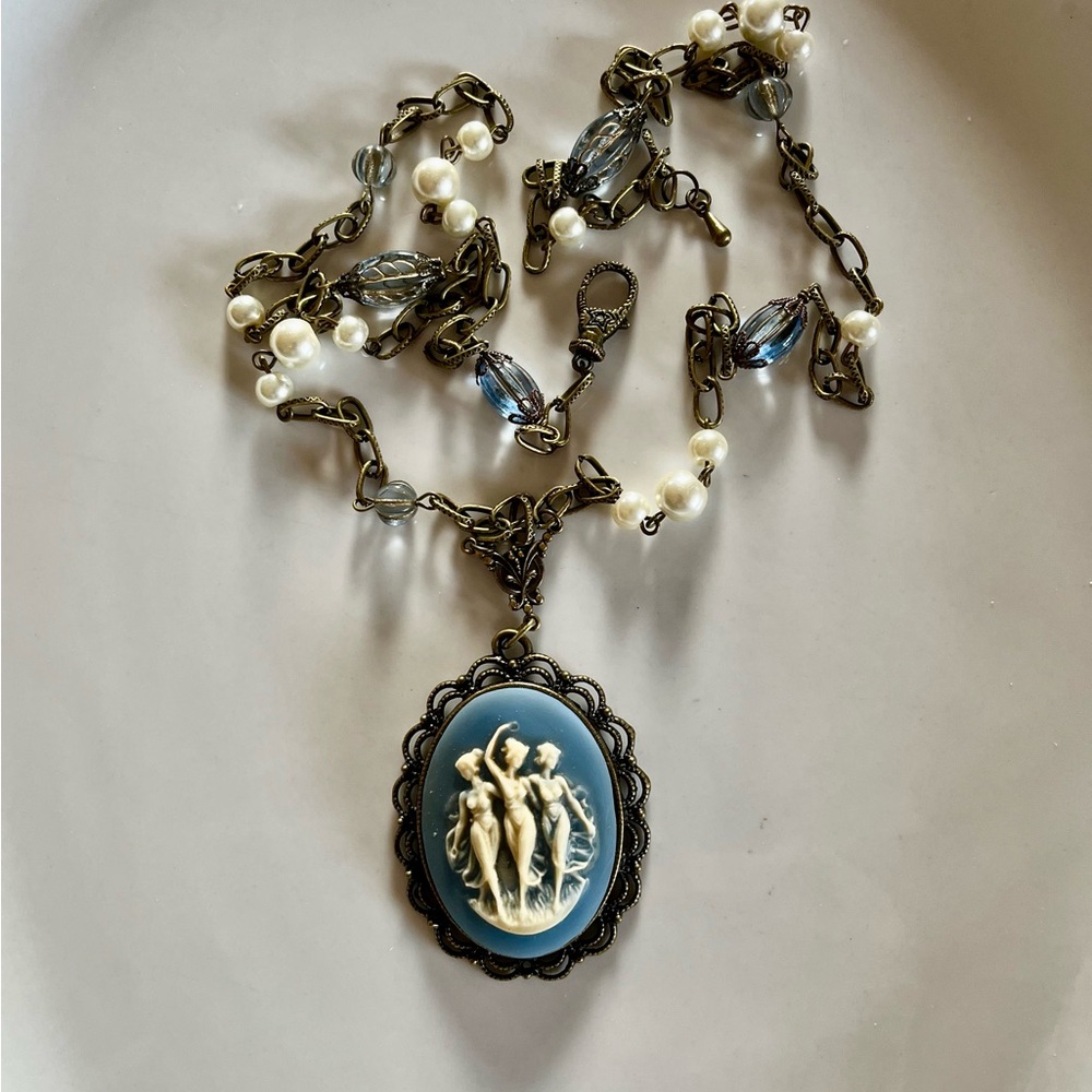Wedgwood Blue Style 3 Graces Three Fates Victorian Style Cameo  Necklace